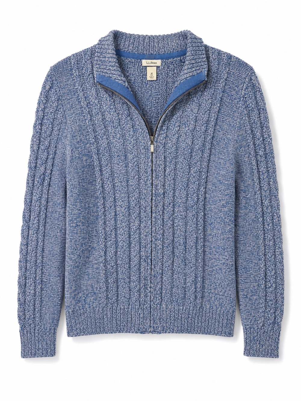 L.L. Bean Double L Cable Knit Full Zip Sweater Medium Blue Heather Cotton